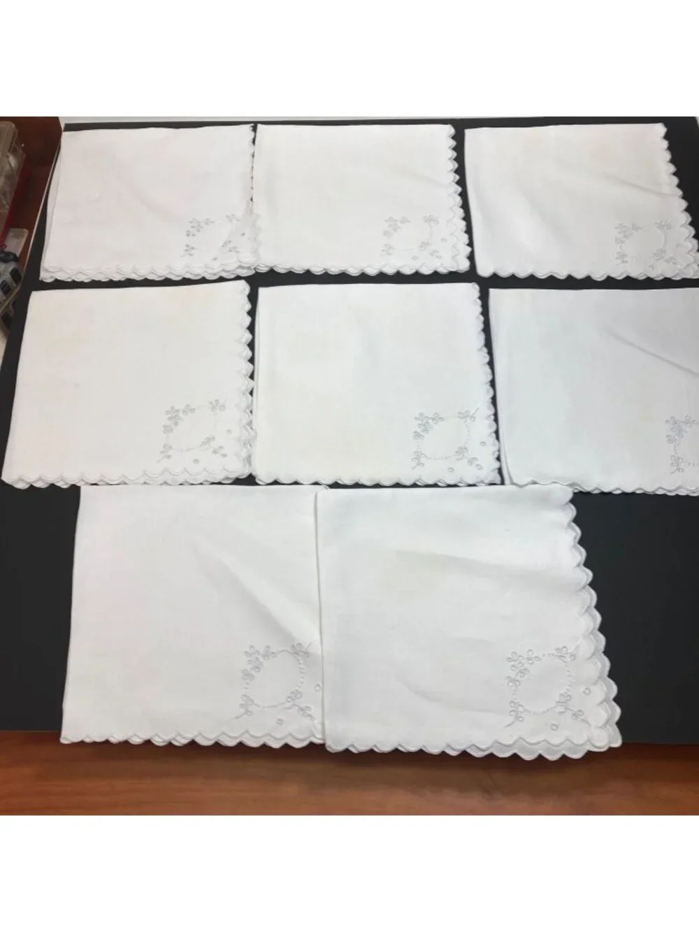 Vintage Linen Napkins White Embroidered Square 6.5 inches Flaws some Yellowing